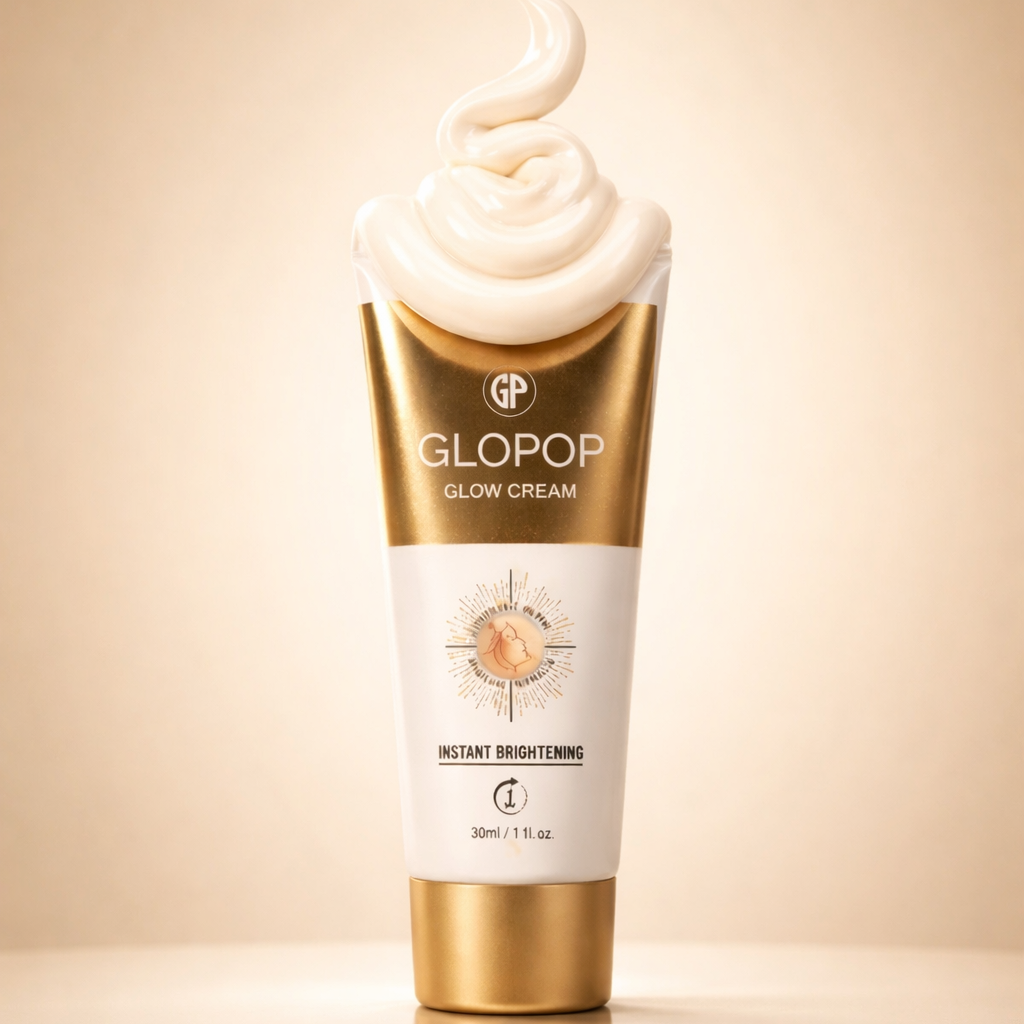 GLOPOP Glow Cream tube with cream on top against a beige background
