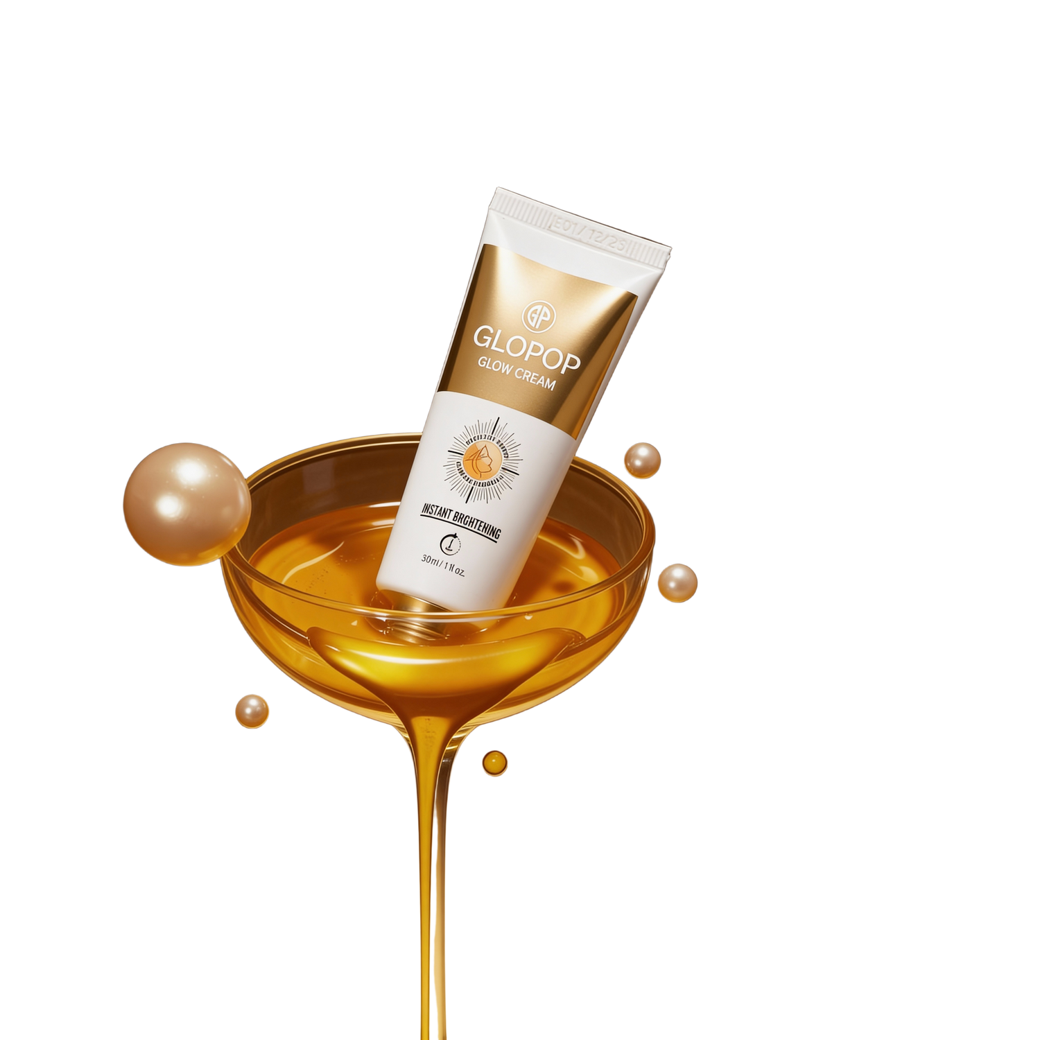 GLOPOP glow cream tube with a glass of golden liquid and pearls on a white background