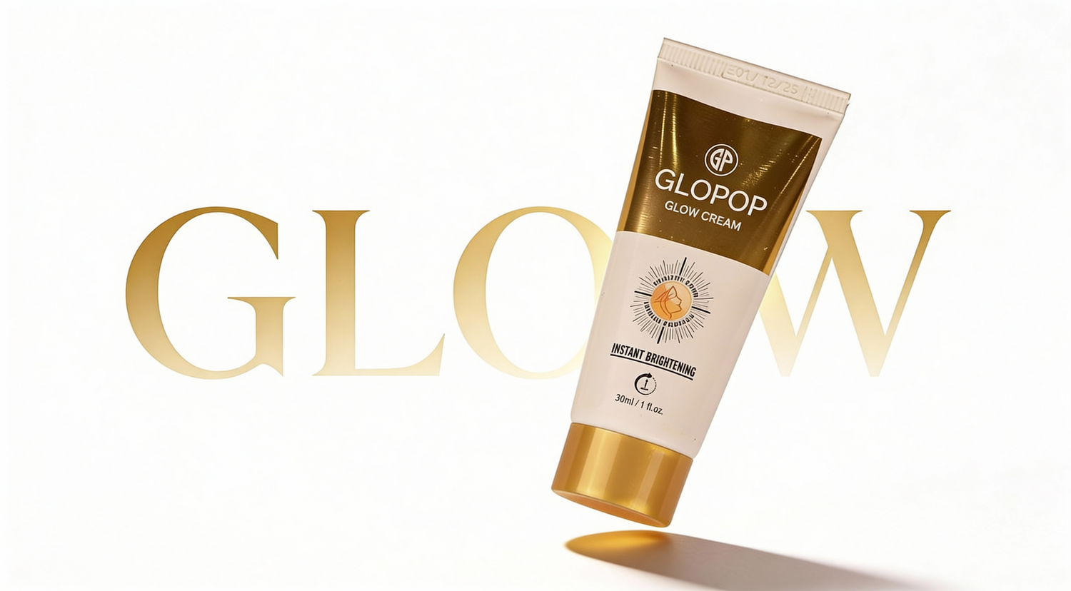 Glopop glow cream tube on a white background with 'Glow' text.